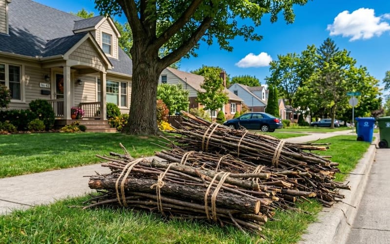 Branches spread evenly along the parkway with cut ends facing the street — the correct placement for Village pickup